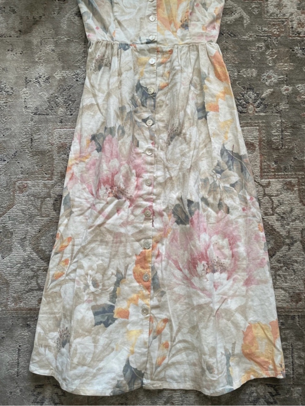 H&M Cream Floral Smocked Bust Midi Dress with Pink and Orange Accents - Picture 4 of 10